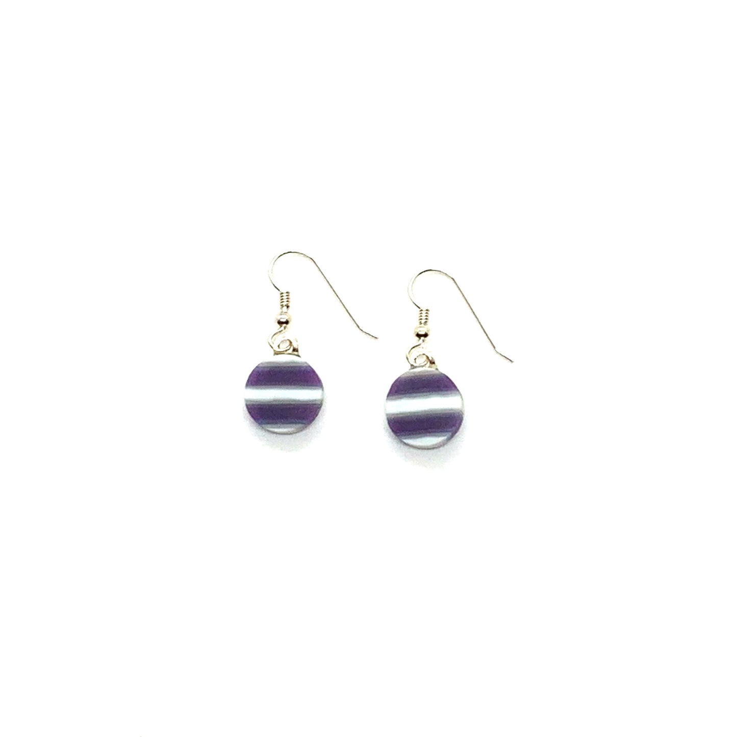 Unqiue earrings made with purple and french vanilla glass. Sterling silver earwire.